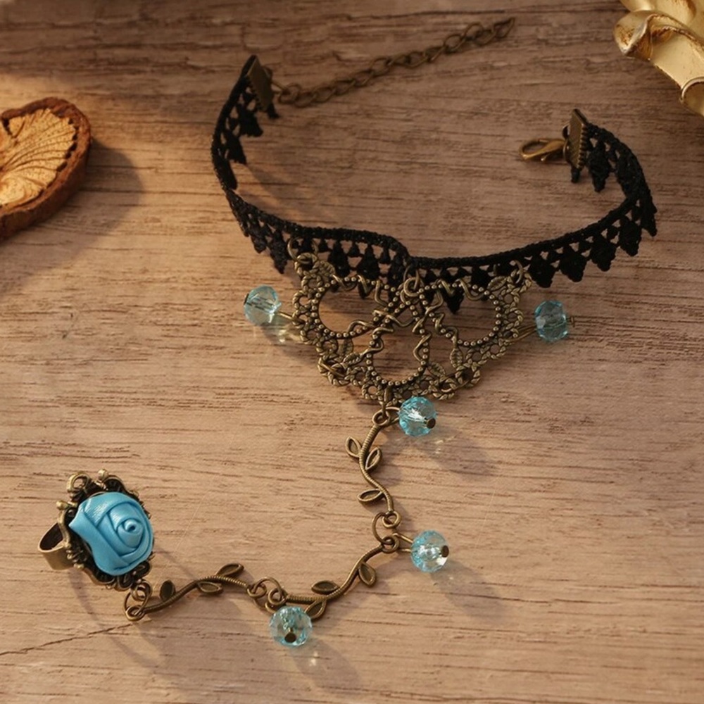 Eleanor ShuMark Gothic Black Lace Teal Rose Hand Chain NWT